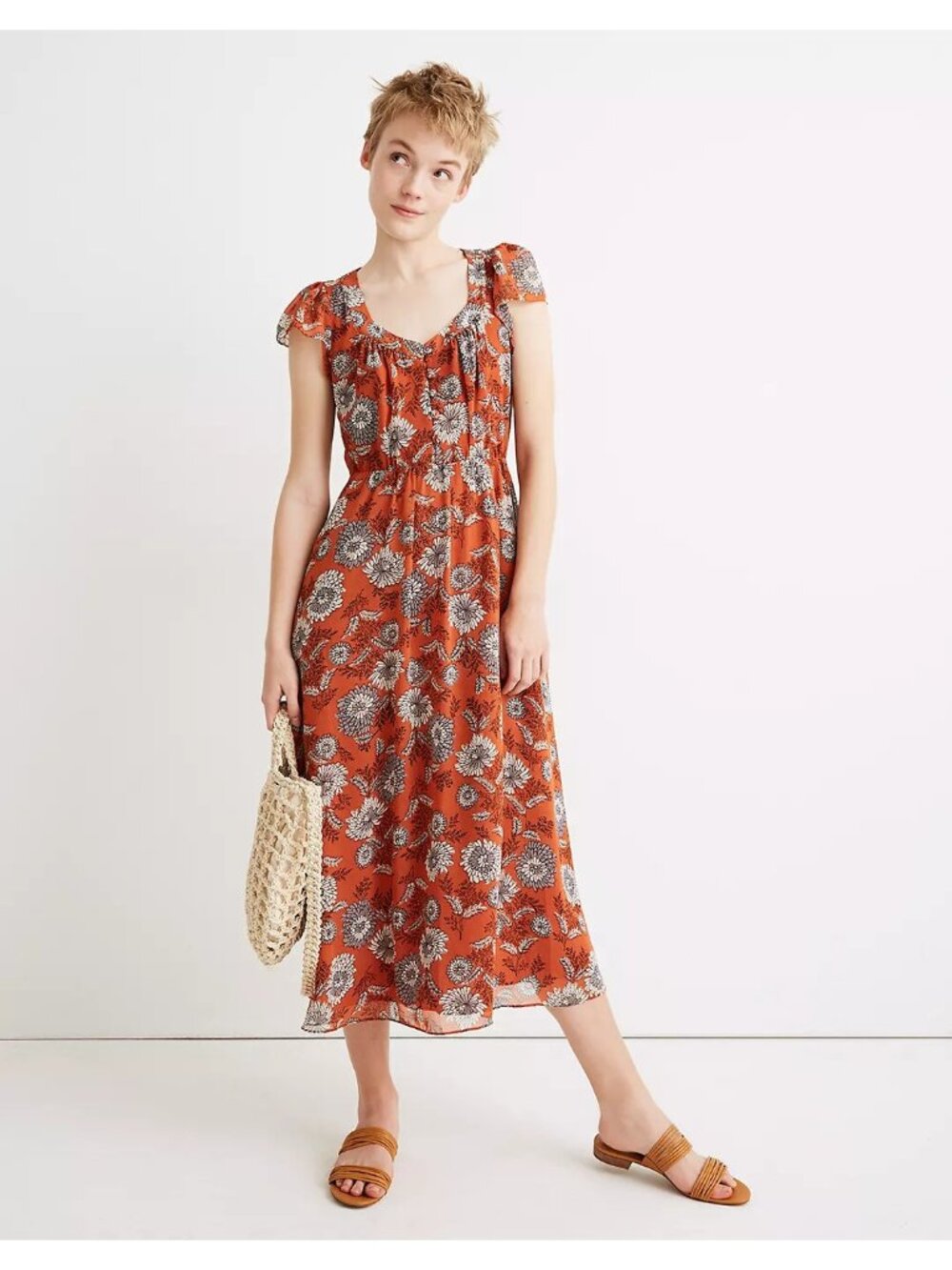 Madewell Dress Sheer Sleeve Button Front Midi Gathered Blooms Sz 6